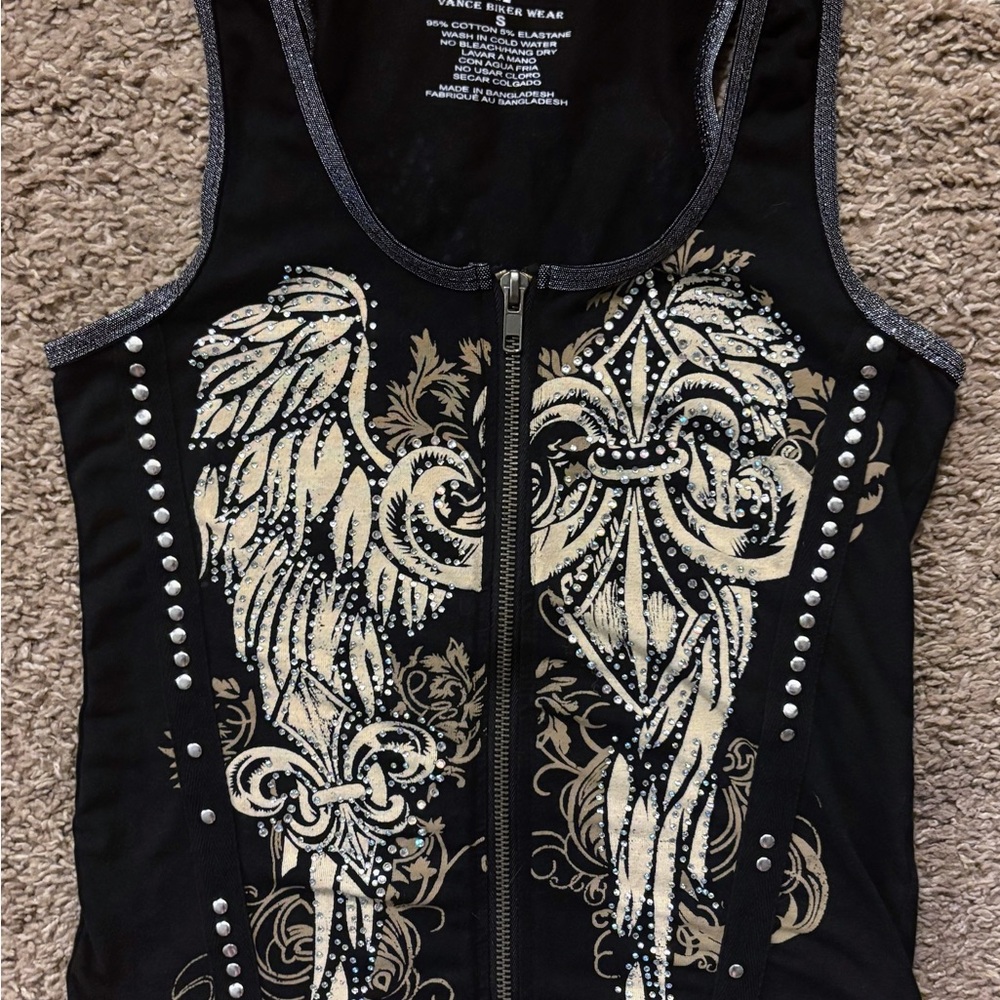 Vintage Y2k Vance Biker Wear Tank Top Womans S Full Zip Double Sided Rhinestone - Picture 9 of 13